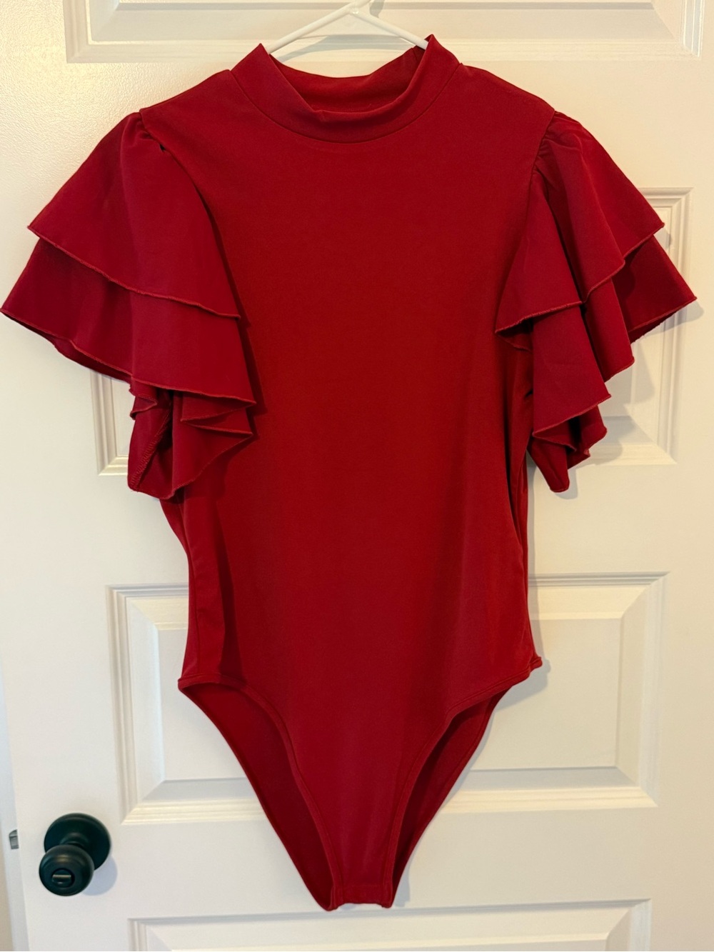 Ruffled Sleeve Red Bodysuit - Women's High Neck